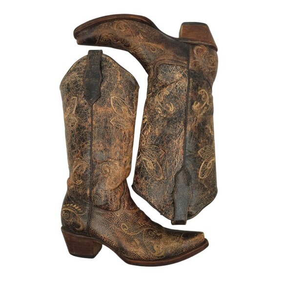 Circle G Western Boots Womens 7M Pointed Toe Embroidery Cowgirl Brown Leather - Picture 3 of 15